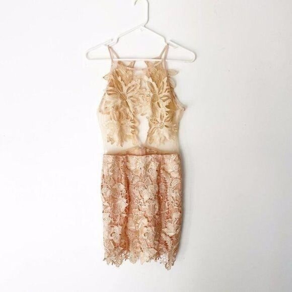 Strategic Illusion Dress Cream Lace Appliqué Sexy Club Party Night Out Mini Med - Picture 2 of 9